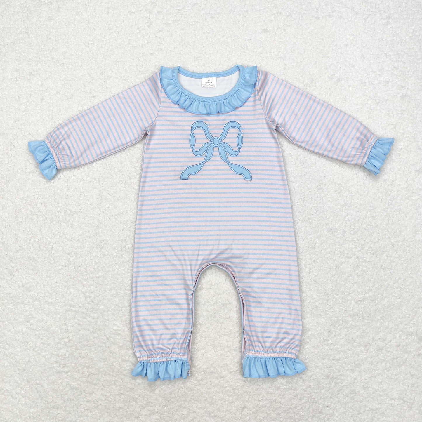 Baby Girl Long Sleeves Stripes Embroidery Blue Bow Romper