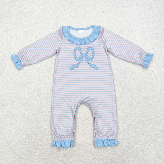 Baby Girl Long Sleeves Stripes Embroidery Blue Bow Romper