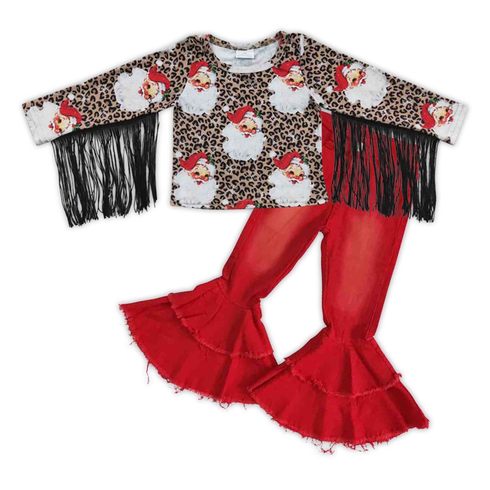 Baby Girl Christmas Santa Leopard Long Sleeves Tassel Shirt Denim Bell Pants Jeans Outfit