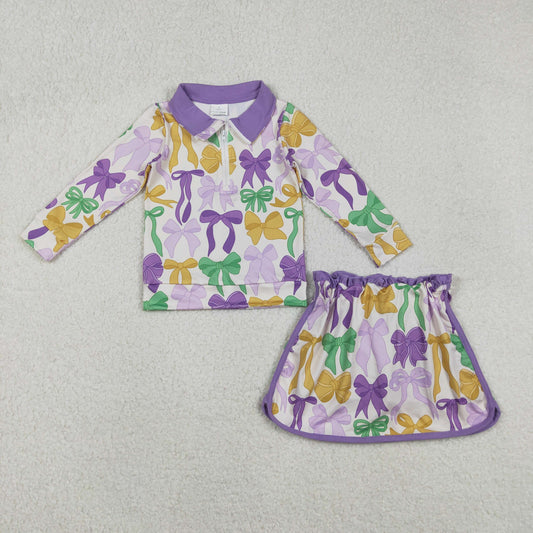 Girls Kids Long Sleeves Colorful Bows Zipper Tops Skort Mardi Gras Clothes Set RTS