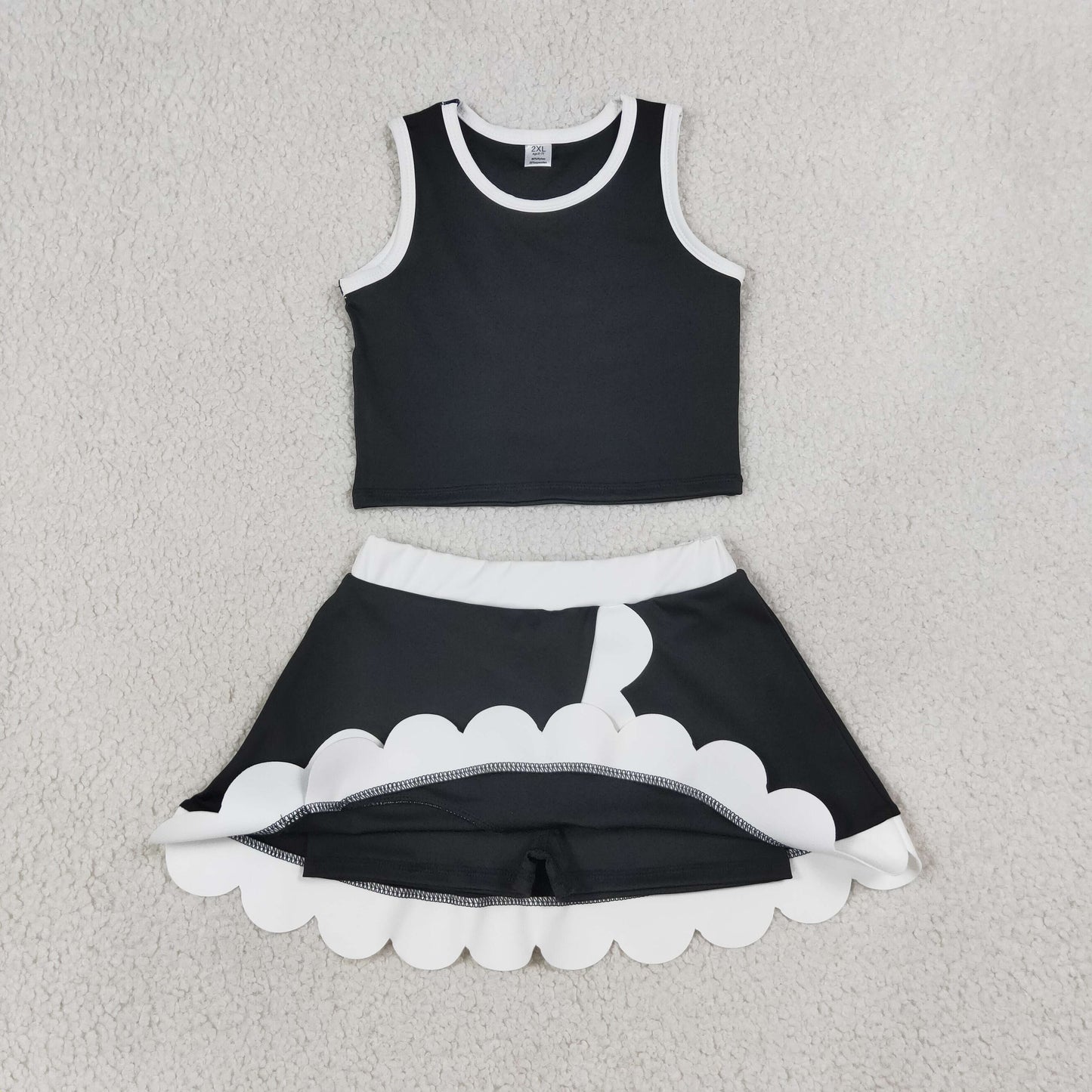 Baby Girls Kids Black Tops Scallop Skirt Shorts Yoga Active Set Clothes RTS