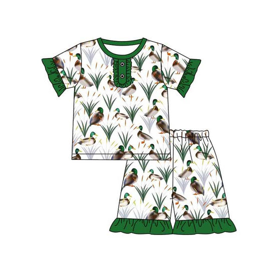 Baby Girl Short Sleeves Ducks Shirt Ruffle Shorts Pajamas Green Set Moq 5