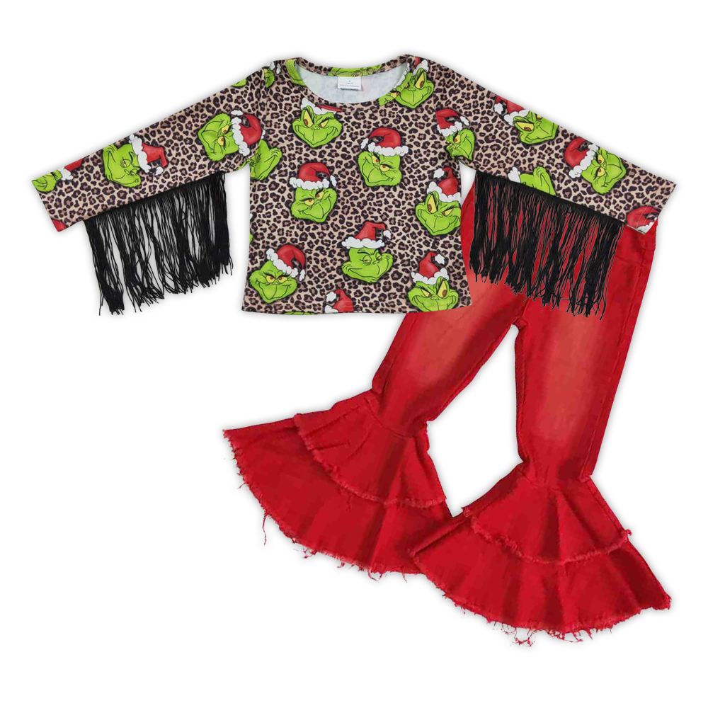 Baby Girl Christmas Leopard Long Sleeves Tassel Green Shirt Denim Bell Pants Jeans Outfit