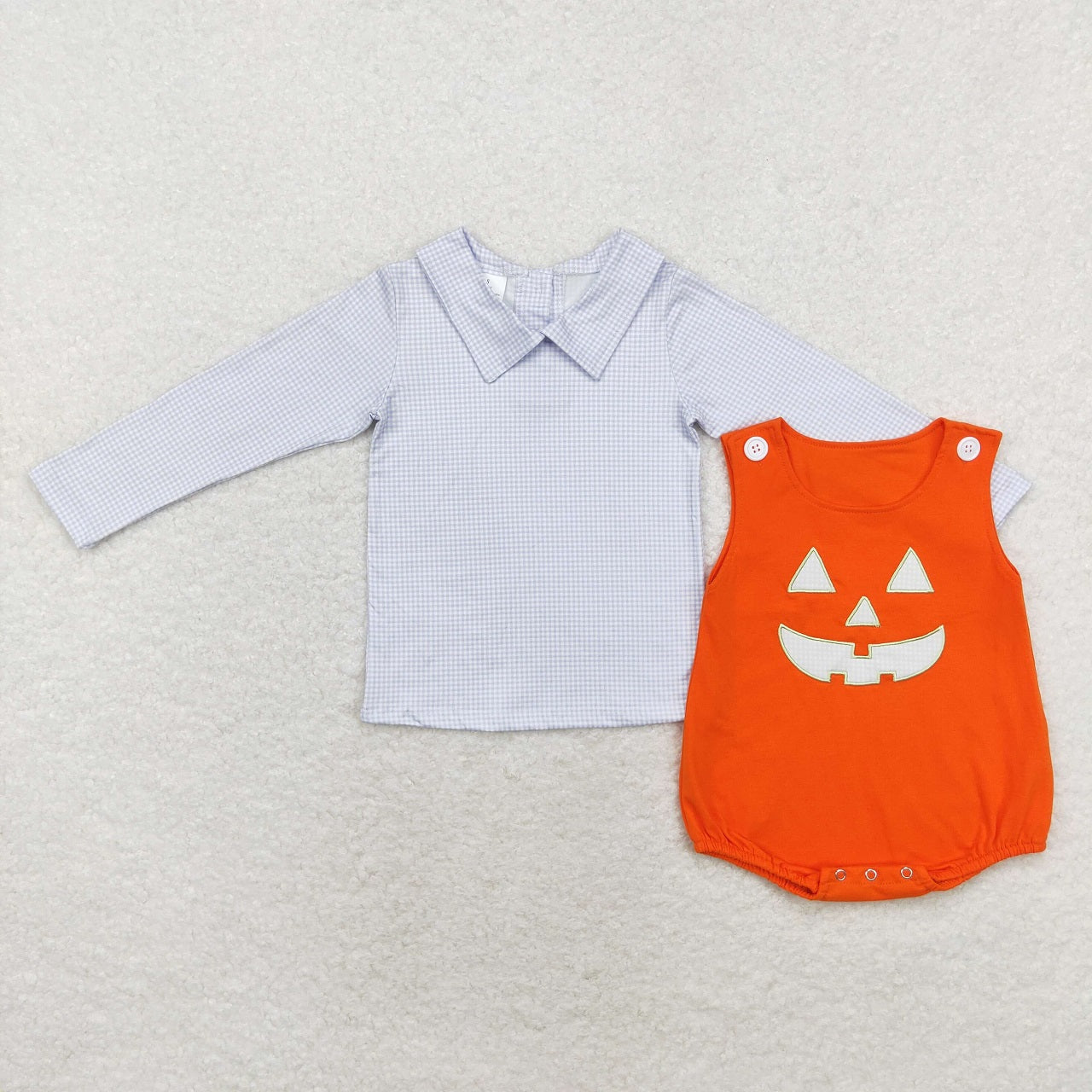 Baby Boy Blue Shirt Embroidery Ghost Face Orange Romper Halloween Set