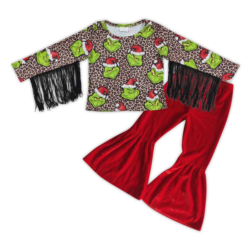 Baby Girl Christmas Leopard Long Sleeves Tassel Shirt Red Velvet Bell Pants Outfit