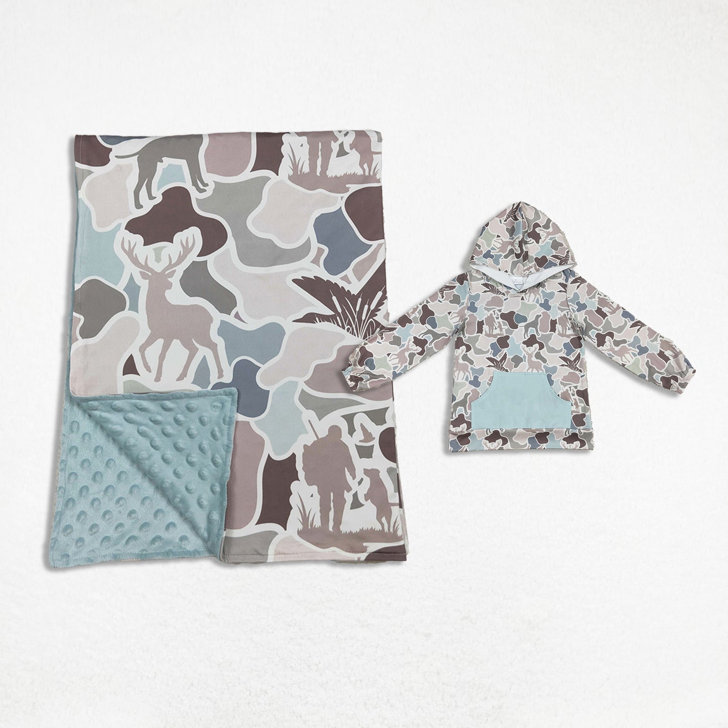 Sibling Boys Kids Ducks Deer Dogs Camo Hunting Blanket Pocket Hoodie Shirt RTS