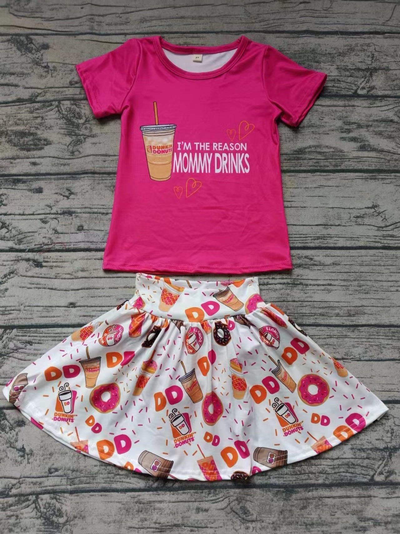 Moq 5 Baby Girl Short Sleeves Pink Shirt Donuts Skirt Set