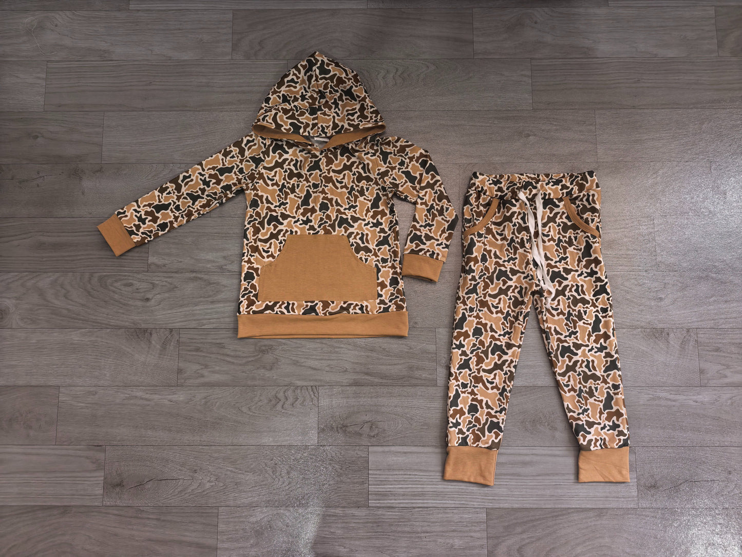 ( No moq ) Preorder Baby Boys Kids Long Sleeves Camo Hoodie Hoodie Shirt Pockets Pants Set Clothes