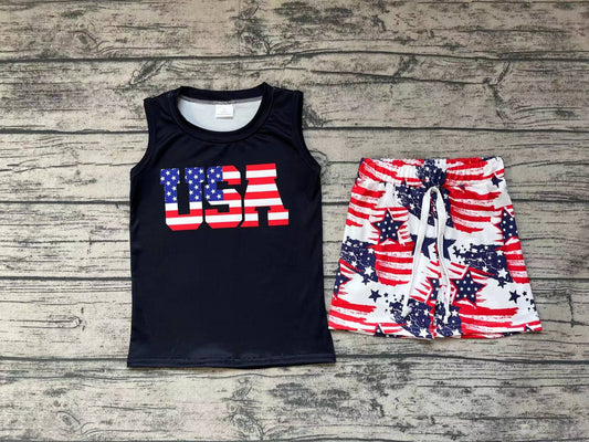 No moq Pre-order Baby Boy Sleeveless Shirt Stars Shorts Summer July 4th Set