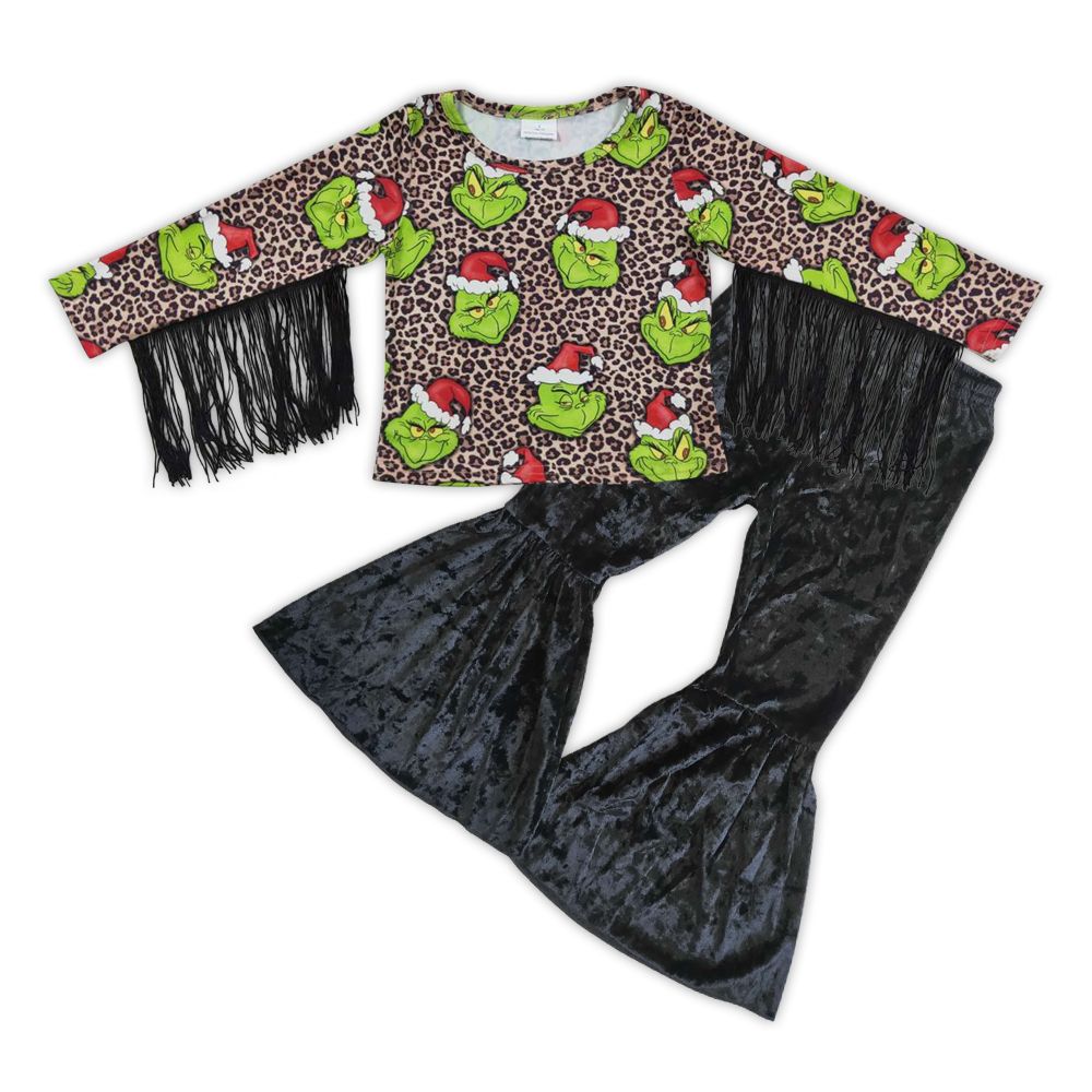 GLP0601 Baby Girl Christmas Leopard Long Sleeves Tassel Shirt Black Velvet Bell Pants Outfit