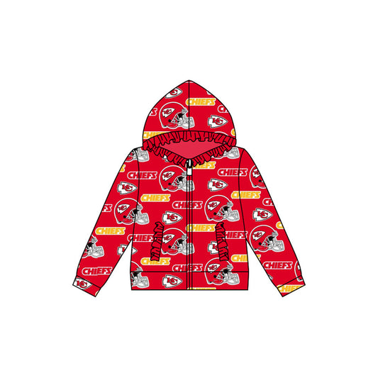Baby Girl Long Sleeves Team Red Ruffle Hooded Zipper Pocket Coat Shirt Tops Moq 5