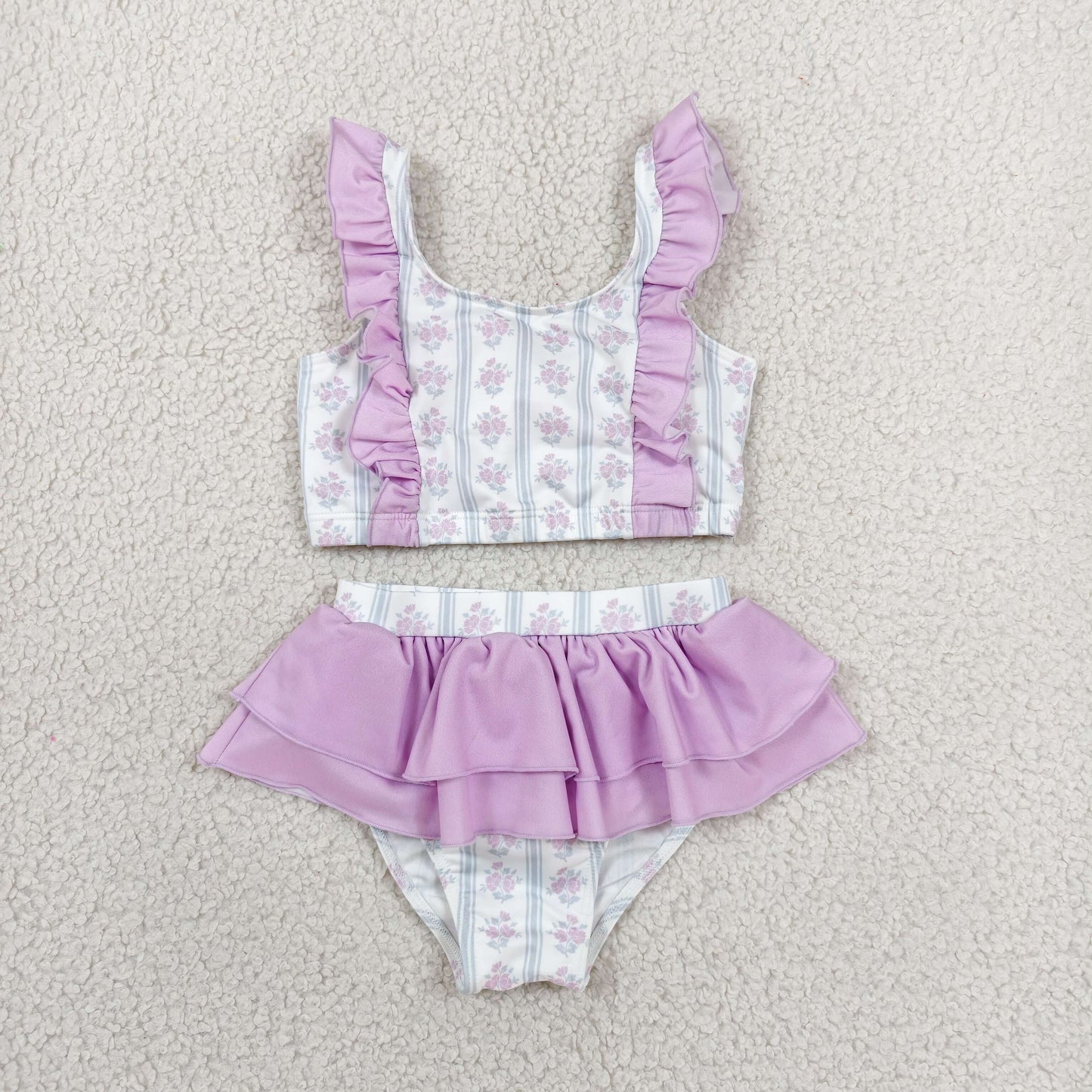 Baby Girls Kids Flower Purple Ruffle Tops Shorts Set Swimsuit Swimwear RTS