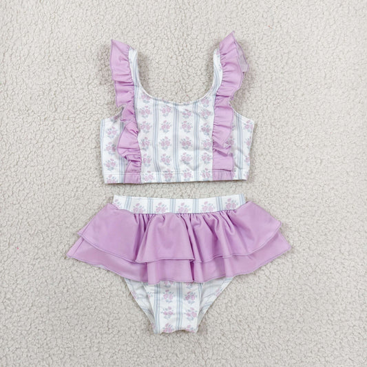 Baby Girls Kids Flower Purple Ruffle Tops Shorts Set Swimsuit Swimwear RTS