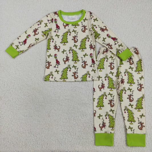 Baby Boy Long Sleeves Green Face Dogs Tree Christmas Shirt Pants Pajamas Set RTS