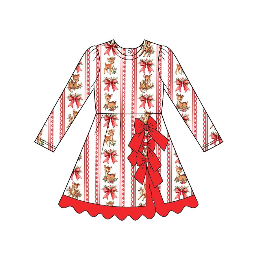 ( Moq 5 ) Preorder Baby Girls Kids Long Sleeves Christmas Deer Bows Scallop Dress Yoga Active Clothes