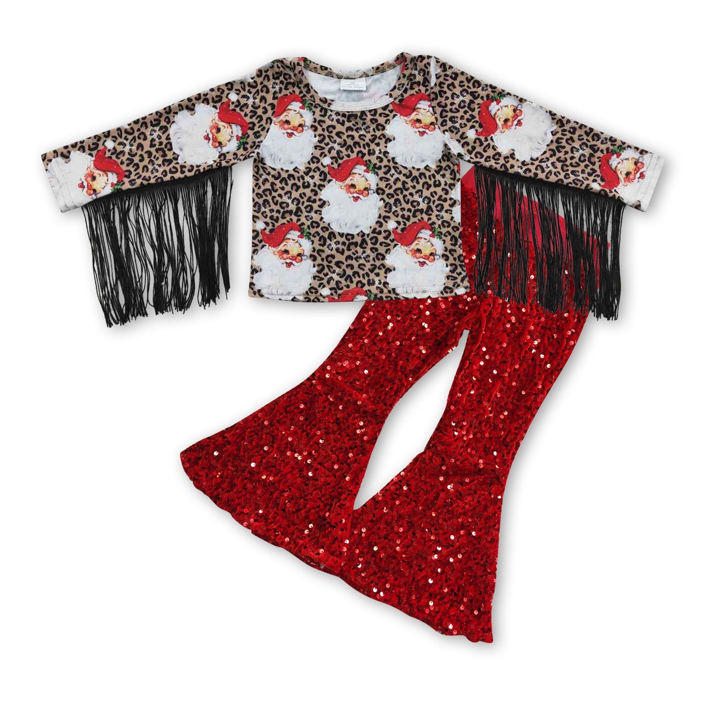 Christmas Baby Girl Tassel Long Sleeves Leopard Shirt Red Sequins Pants Outfit