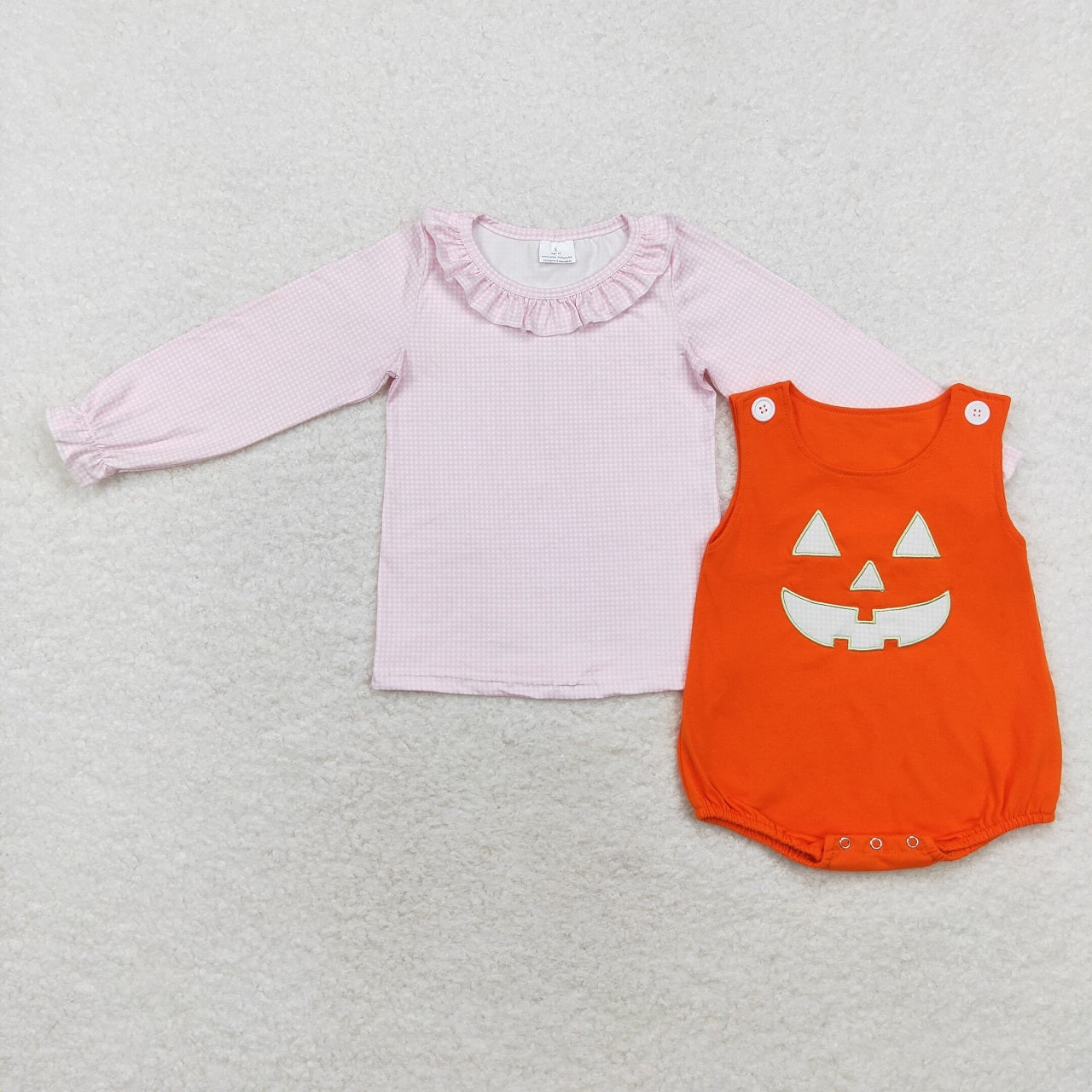 Baby Girl Pink Shirt Embroidery Ghost Face Orange Romper Halloween Set