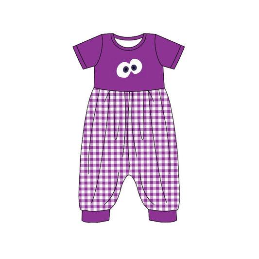 Baby Girl Short Sleeves Purple Plaid Cartoon Jumpsuit