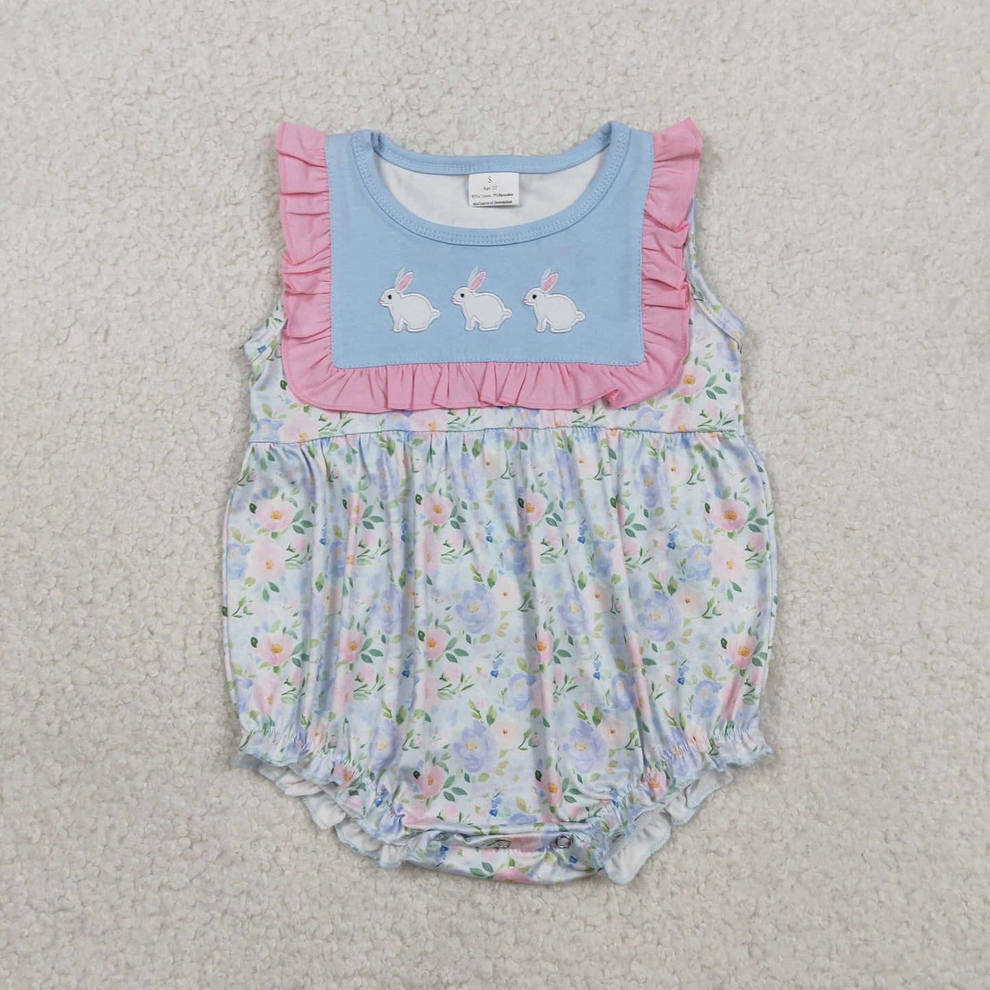 Baby Girls Infant Sleeveless Embroidery Rabbits Flower Easter Bubble Ruffle Romper RTS