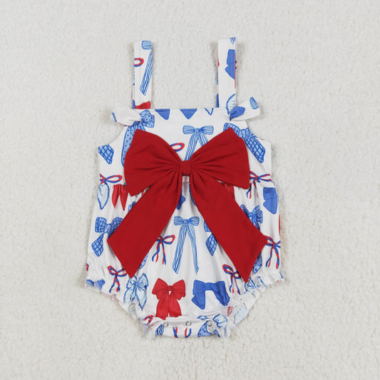 Baby Girl Infant Straps July 4th Bows Bubble Romper RTS