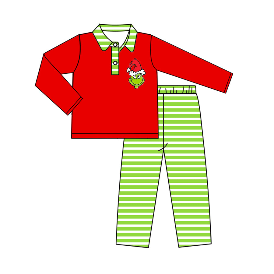 Baby Boy Christmas Frog Red Shirt Green Stripes Pants Set