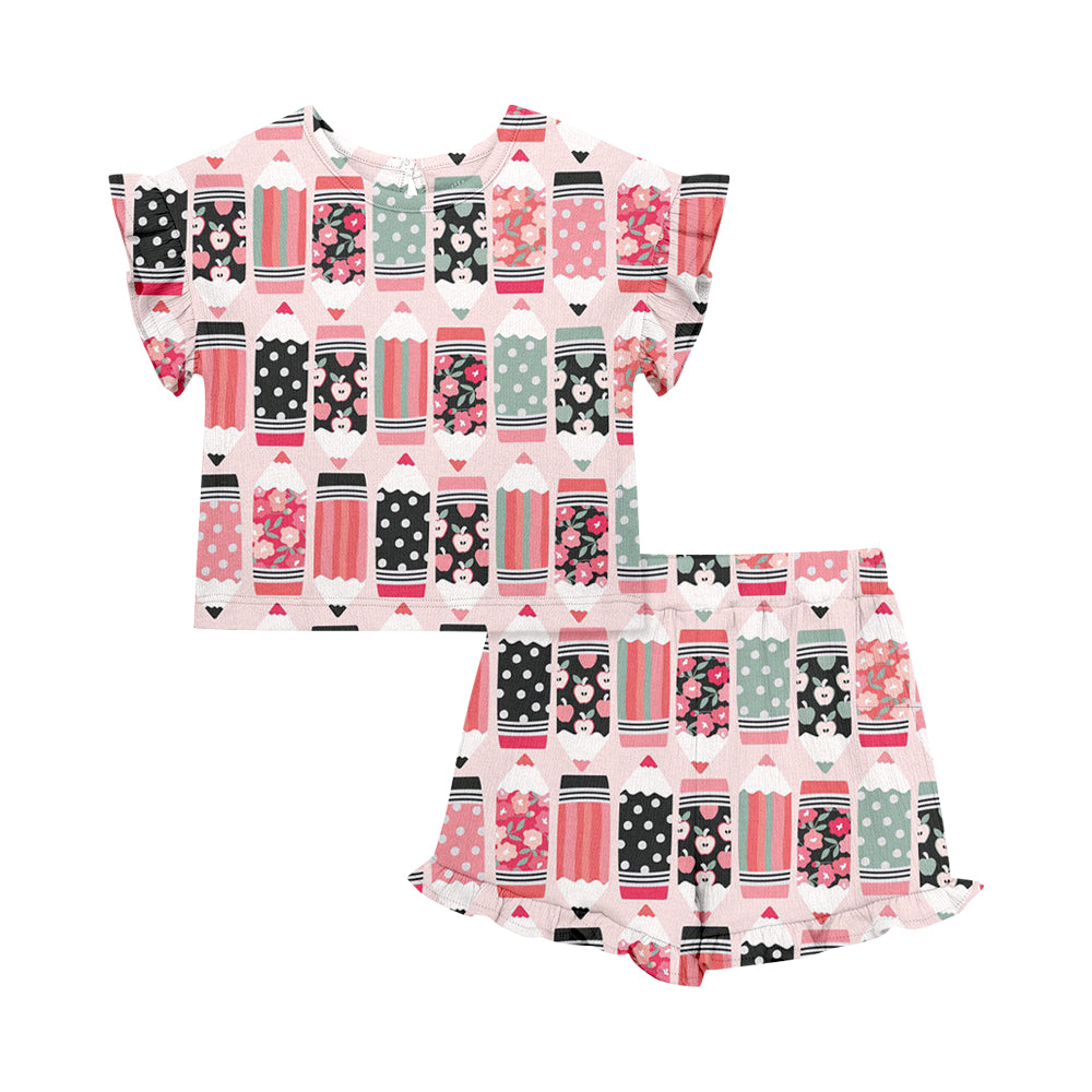 ( Moq 5 Each Style ) Sibling Baby Girls Kids Short Sleeves Pencil Bows Flower Shirts Shorts Back to School Sets