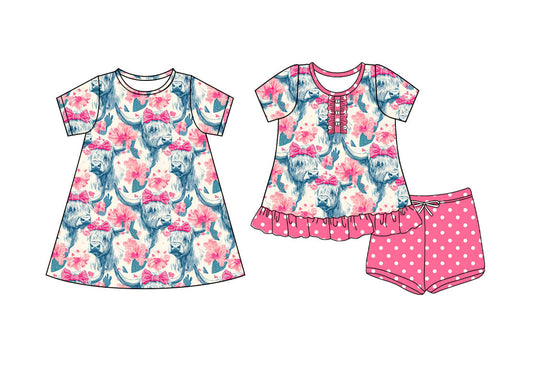 ( Moq 5 Each Style ) Baby Girl Short Sleeves Western Cow Bows Flower Sibling Summer Dress Set 4.21