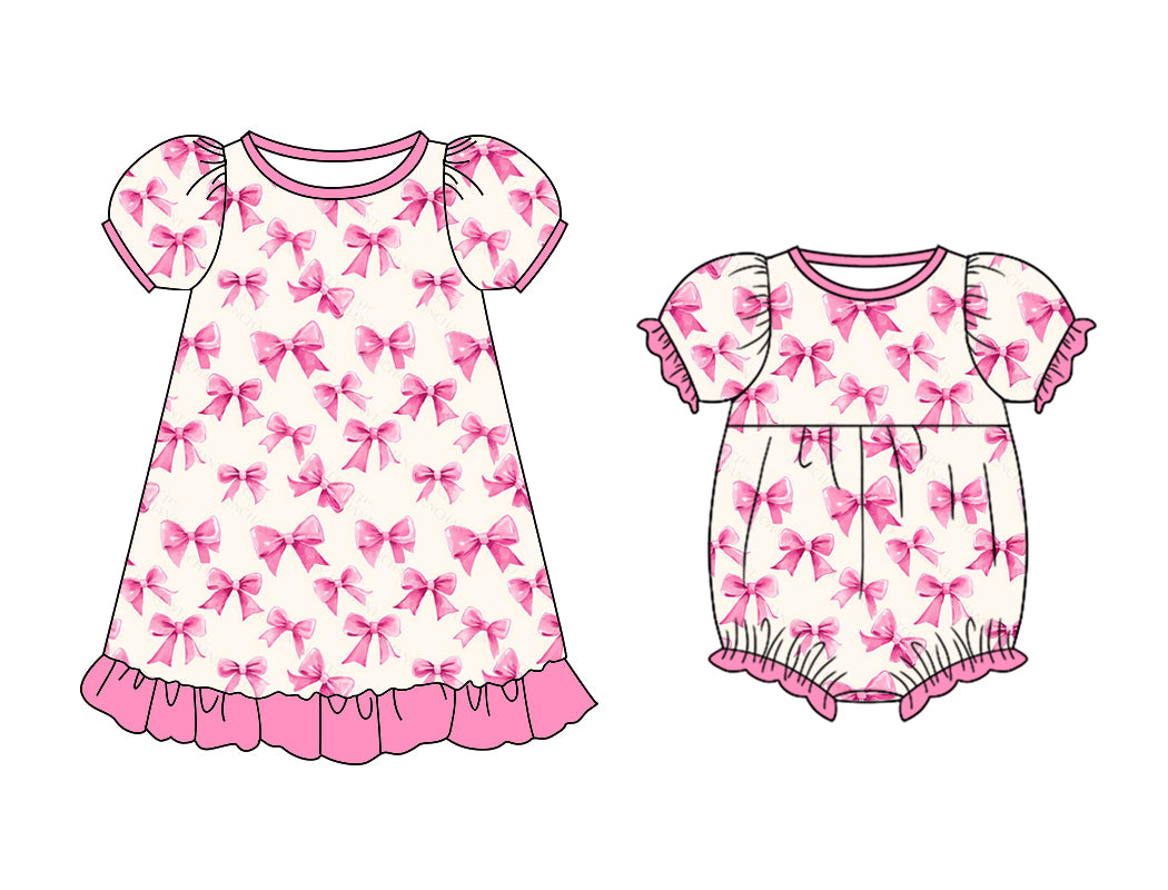 Baby Girl Short Sleeves Pink Bows Sibling Matching Romper Dress ( Moq 5 Each Design )