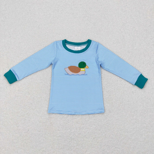 BT0402 Baby Boy Long Sleeves Embroidery Duck Blue Stripes Hunting Shirt