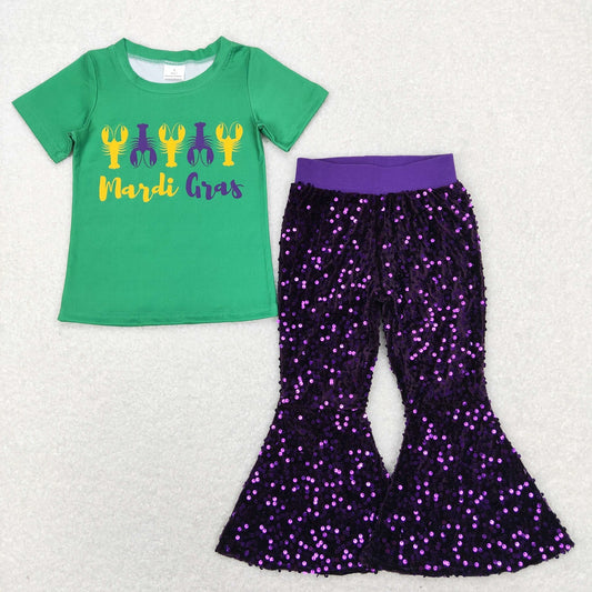 GSPO1355 Mardi Gras Baby Girl Short Sleeves Crawfish Shirt Purple Sequins Pants Set