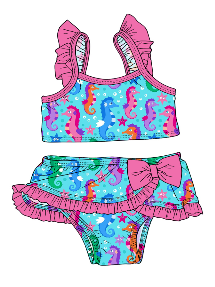 ( Moq 5 Each Style ) Sibling Baby Girls Kids Sea Horse Tops Ruffle Shorts Bows Sets Summer Swimsuits