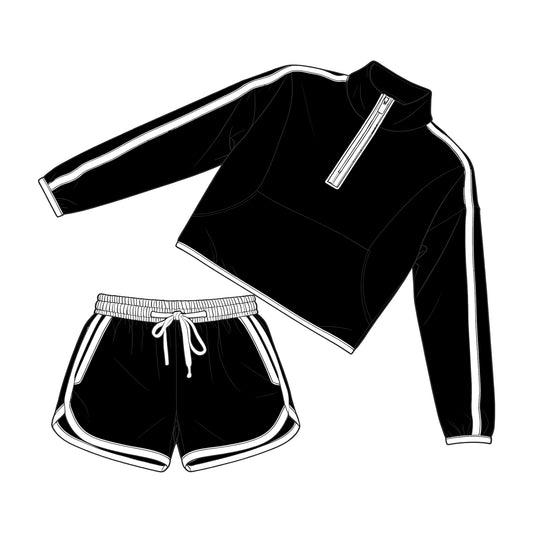 ( Moq 5 ) Preorder Adult Women Long Sleeves White Zipper Tops Shorts Black Set Clothes
