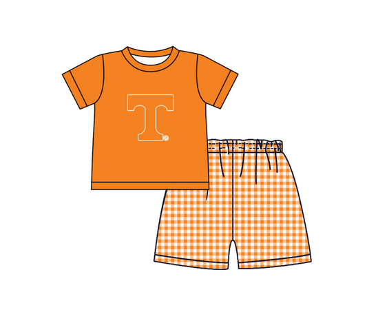 ( Moq 5 ) Baby Boys Toddler Short Sleeves T Shirt Orange Plaid Shorts Team Summer Set