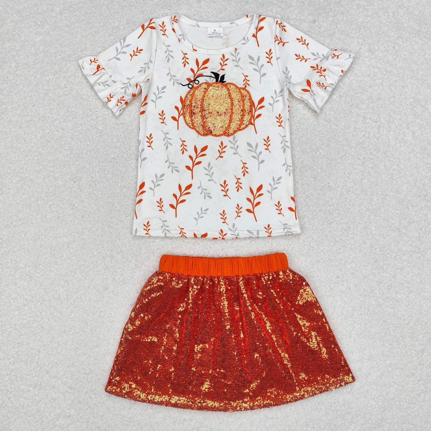 Baby Girl Short Sleeves Embroidery Pumpkin Shirt Sequins Skirt Set