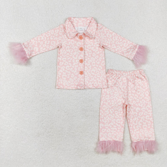 Baby Girl Pink Leopard Buttons Top Pants Pajamas Clothes Set