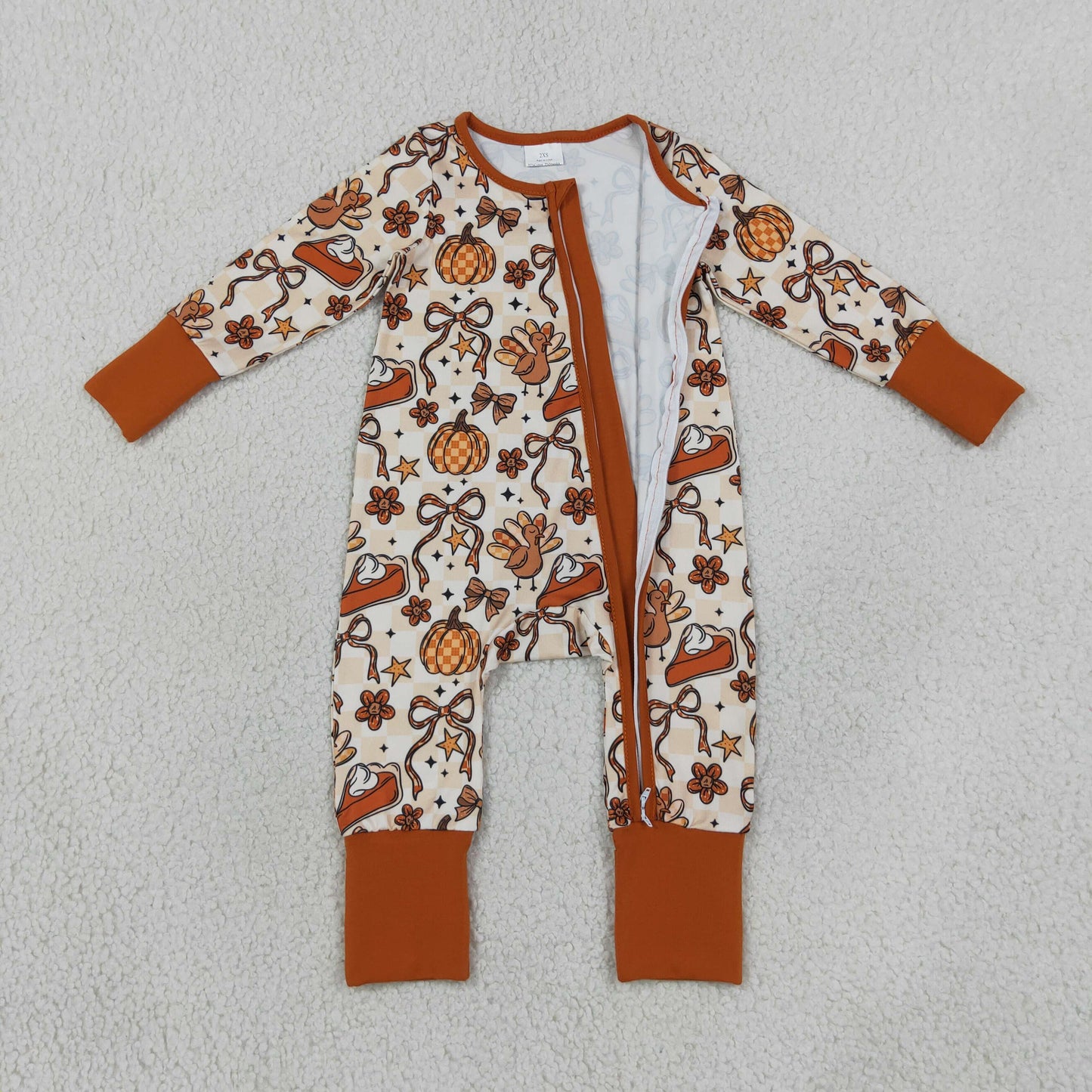 Baby Girls Kids Long Sleeves Pumpkins turkey Bows Zipper Footie Sleeper Fall Romper RTS