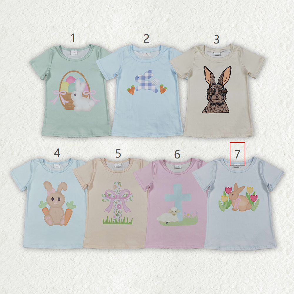 Sibling Baby Kids Short Sleeves Rabbits Eggs Cross Flower Easter Shirts Tops RTS