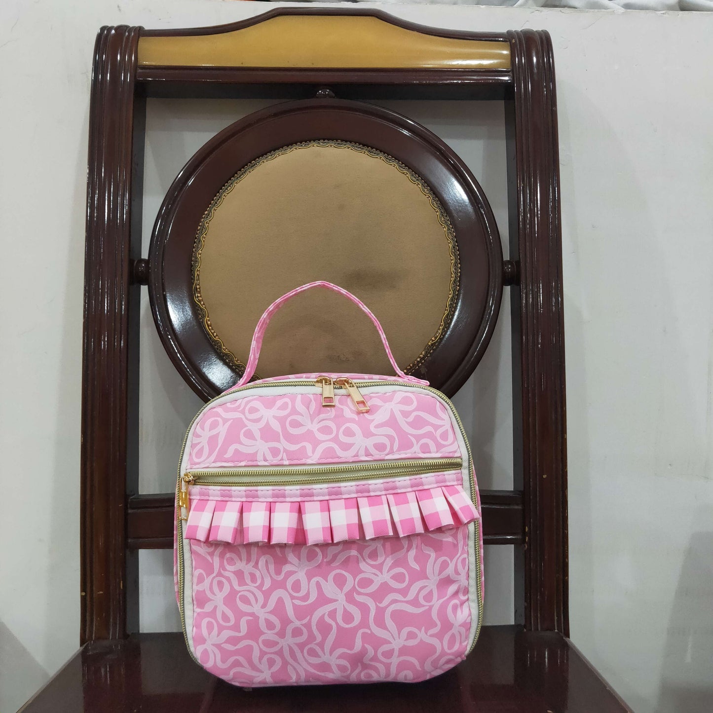 Baby Girl Kids Pink Bows Ruffle Lunch Box Picnic Thermal Bag RTS
