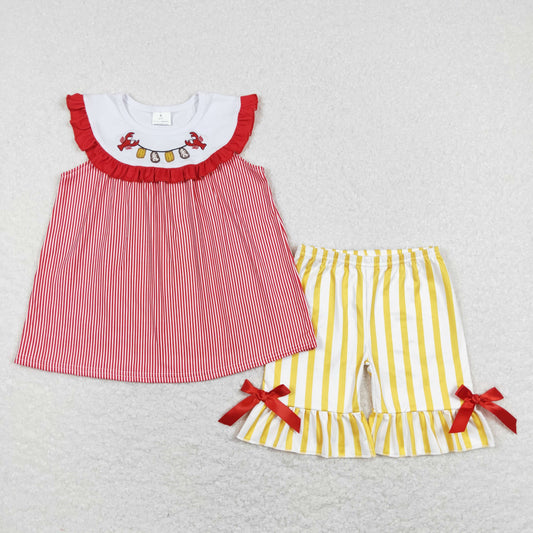 GSSO0453 Baby Girl Embroidery Crawfish Tops Stripes Shorts Set