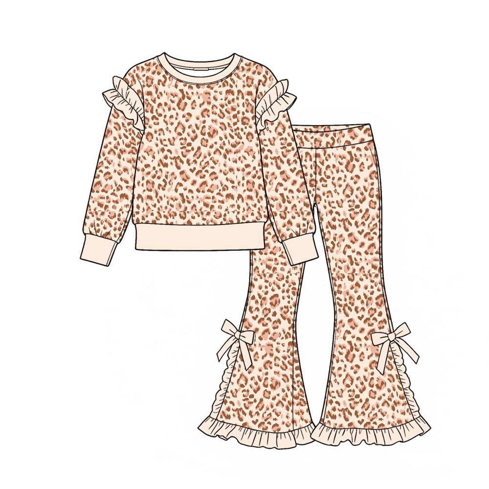 ( Moq 5 ) Preorder Baby Girls Kids Long Sleeves Leopard Shirt Bows Ruffle Pants Set Clothes