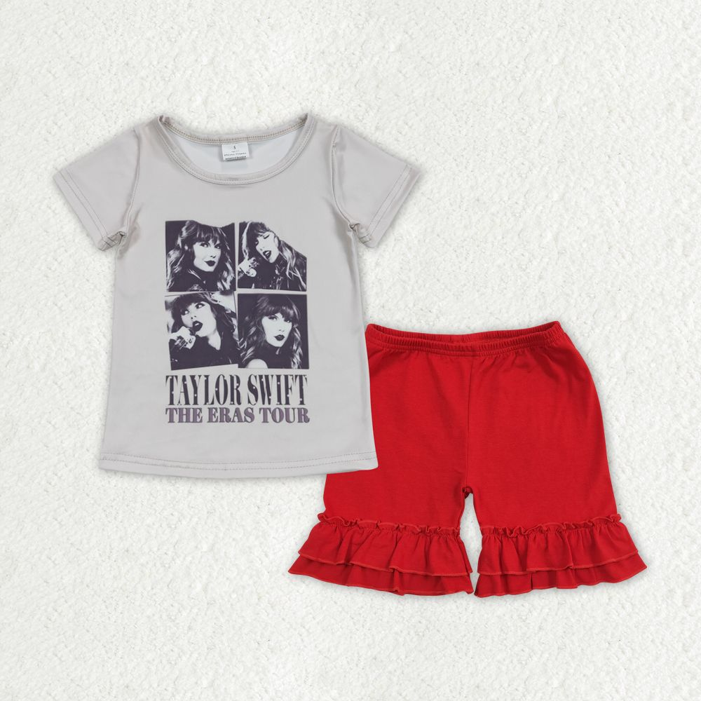 GSSO1376 Baby Girl Singer Shirt Red Cotton Shorts Summer Set