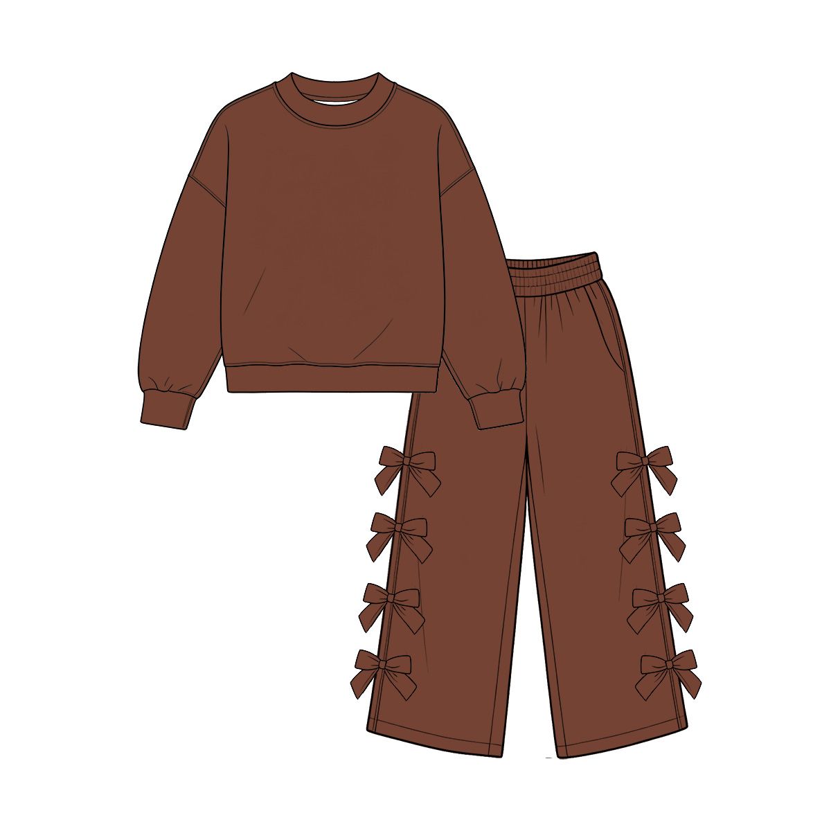 ( Moq 5 ) Preorder Baby Girls Kids Long Sleeves Brown Shirt Bows Pants Set Cotton Clothes