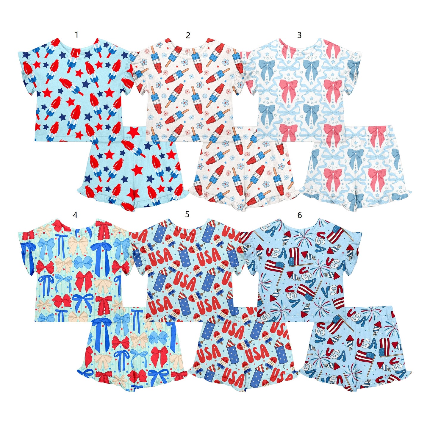 ( Moq 5 Each Style ) Sibling Baby Girls Kids Short Sleeves Popsicle Bows Shirts Shorts 4th of July Sets