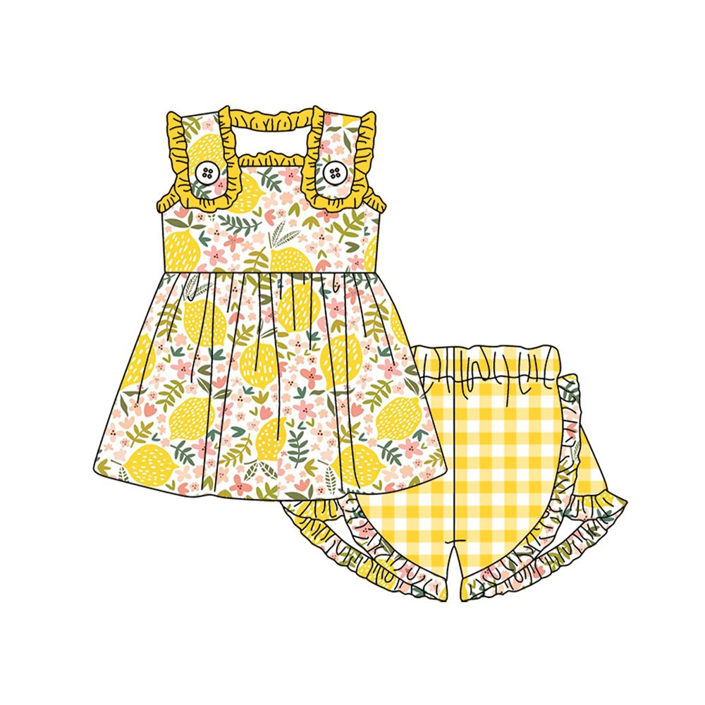 Moq 3 Pre-order GSSO0752 Baby Girl Sleeveless Lemon Tops Yellow Plaid Ruffle Shorts Summer Set