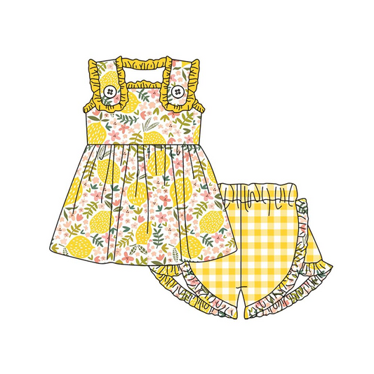 Moq 3 Pre-order GSSO0752 Baby Girl Sleeveless Lemon Tops Yellow Plaid Ruffle Shorts Summer Set