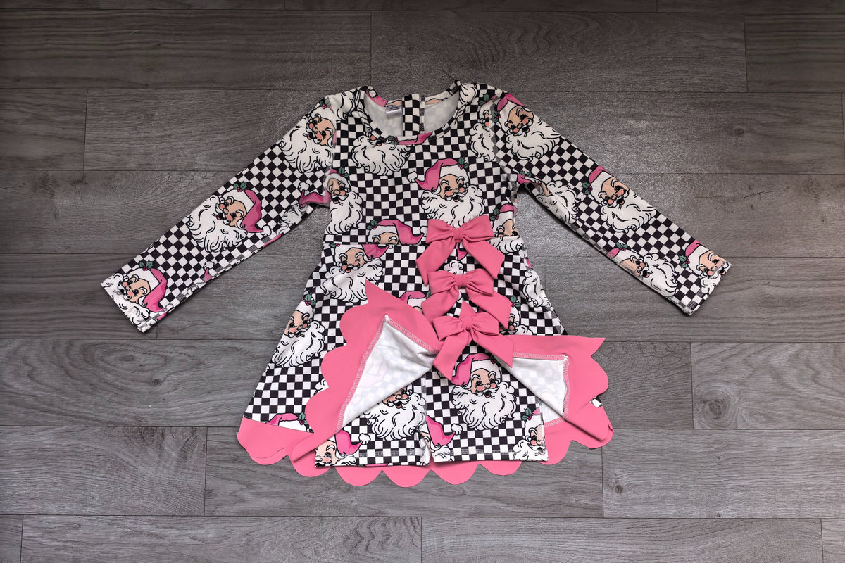 ( No moq ) Preorder Baby Girls Kids Long Sleeves Christmas Santa Checked Bows Scallop Dress Yoga Active Clothes