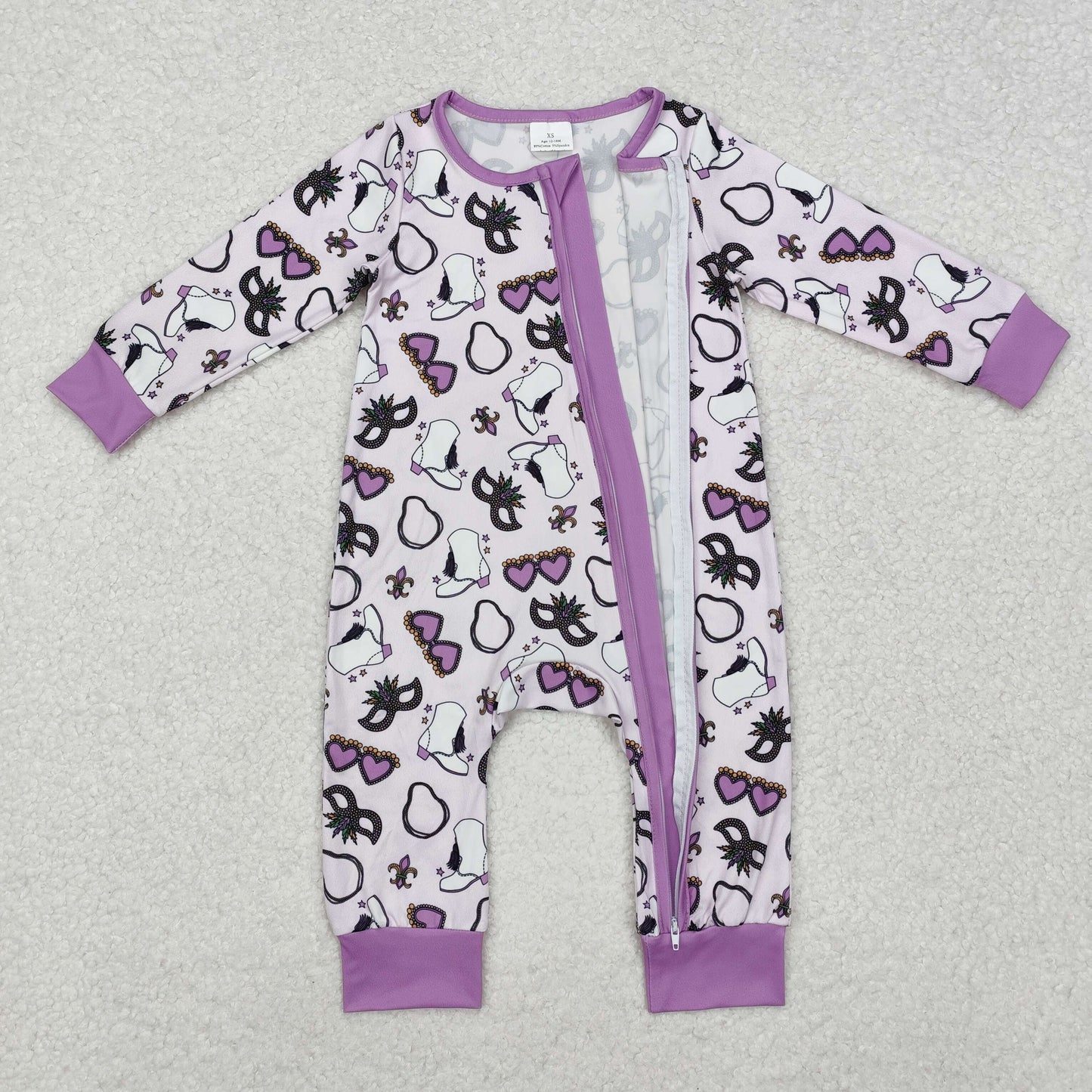 Baby Girl Infant Long Sleeves Mardi Gras Zipper Long Sleeves Romper