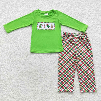 BLP0176 Chritsmas Baby Boy Green Embroidery Long Sleeves Shirt Plaid Pants Outfit Pajamas