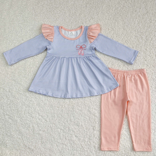 Baby Girl Blue Stripes Ballet Shoes Tunic Pants Embroidery Set