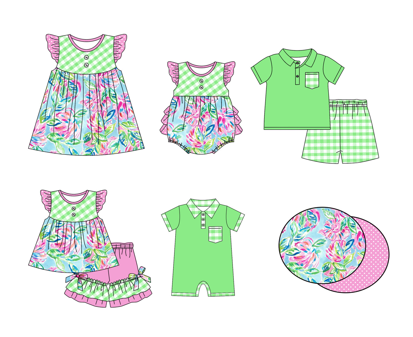 Baby Boy Girl Short Sleeves Colorful Flower Sibling Matching Dress Romper Blue Clothes Set Moq 5 Each style